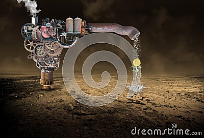 Surreal Rain Making Machine, Water, Flower, Steampunk Stock Photo