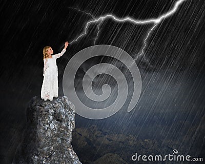 Surreal Rain Storm, Lightning, Clouds, Girl Stock Photo