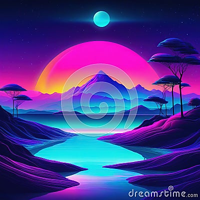 Surreal retro futurism abstract landscape with water in colorful neon Cartoon Illustration