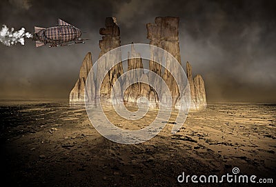 Surreal Steampunk Dirigible , Mountains, Desert Stock Photo