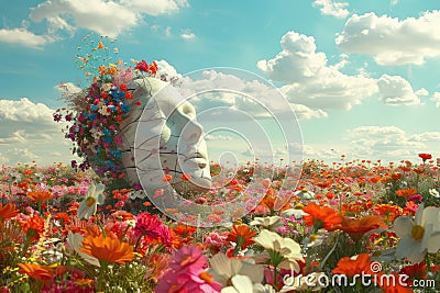 A surreal scene depicting a field of vibrant flowers blooming around a broken human sculpture, symbolizing life emerging Stock Photo