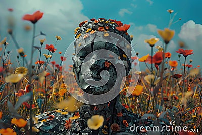 A surreal scene depicting a field of vibrant flowers blooming around a broken human sculpture, symbolizing life emerging Stock Photo