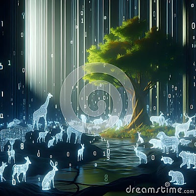 A surreal scene of a digital jungle where trees grow from binary code Stock Photo