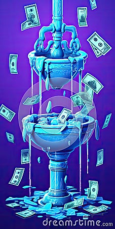 Surreal Scene of Leaking Faucet with Dollar Bills AI Generated Stock Photo
