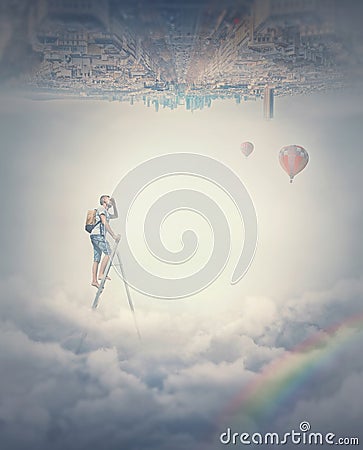 Surreal scene with a man climbing a ladder above the clouds. Wonderful adventure scene Stock Photo