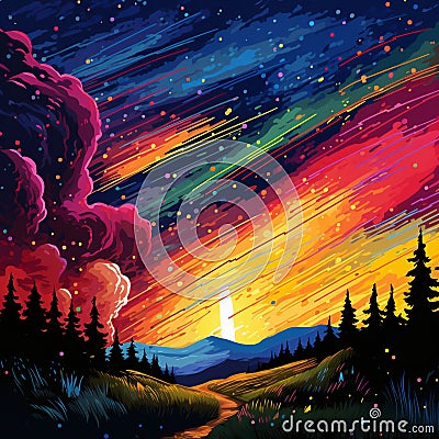 Surreal scene of a meteor shower in vibrant and colorful art style Stock Photo
