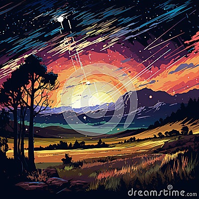 Surreal scene of a meteor shower in vibrant and colorful art style Stock Photo