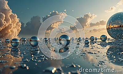 surreal scene numerous spherical objects, some reflecting the sky and others casting reflections on the water Stock Photo