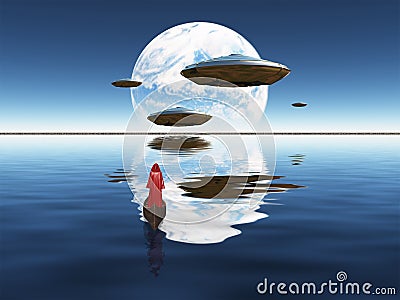 Surreal scene with spacecrafts Stock Photo