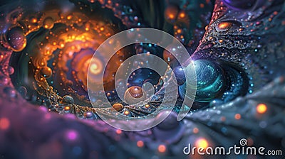 In this surreal scene vibrant planets and stars float in a neverending spiral each one adorned with intricate patterns Stock Photo