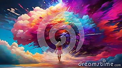 Woman in pink dress standing front of Multi-colorful explosion background Stock Photo