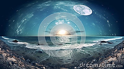Surreal seascape with beautiful nebula, silver full moon and shimmering sea surface. generative ai Stock Photo