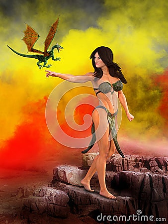 Surreal Fantasy Woman, Dragon Cartoon Illustration
