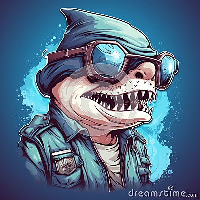 Surreal Shark: A Comic Illustration Of A Steelpunk Character Cartoon Illustration