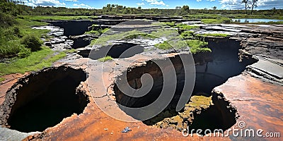 The surreal sight of a sinkhole swallowing up a section of land Stock Photo
