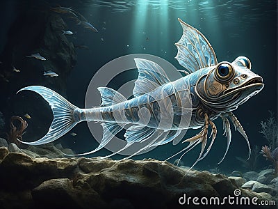 Surreal silver insectoid fishlike alien creature. AI art generated Stock Photo