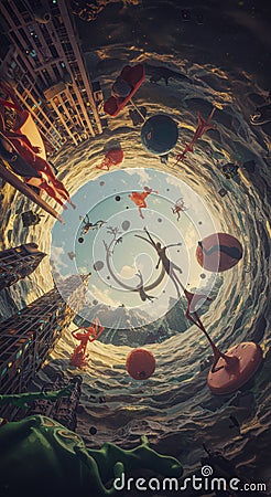 Surreal skyward view with floating objects in a dizzying swirl of city buildings and clouds Stock Photo