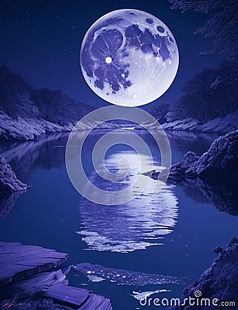 surreal sparkling glacial purple colors, full bright shining moon, shimmering waters of a gently traveling river, Stock Photo