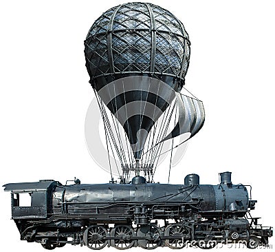 Surreal Steam Train Locomotive Isolated, Hot Air Balloon Stock Photo