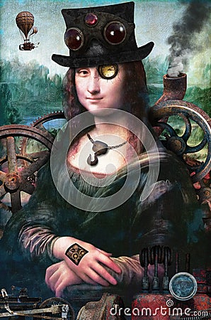 Surreal Steampunk Mona Lisa Oil Painting Stock Photo