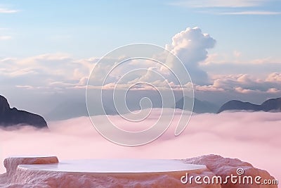 Surreal stone podium outdoors on clouds in soft blue sky pink pastel misty mountain nature landscape. Stock Photo