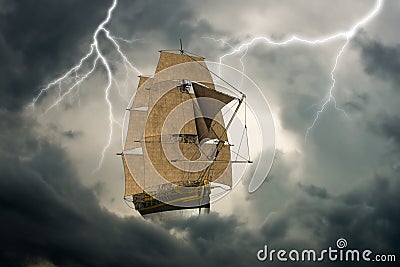 Surreal Tall Sailing Ship, Clouds Stock Photo