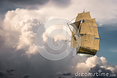 Surreal Tall Sailing Ship, Clouds Stock Photo