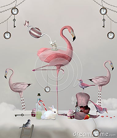 Wonderland pink flamingo tea party Stock Photo