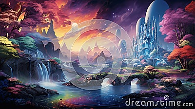 A surreal technicolor dreamscape with floating islands, creating a mind-bending visual spectacle by AI generated Stock Photo