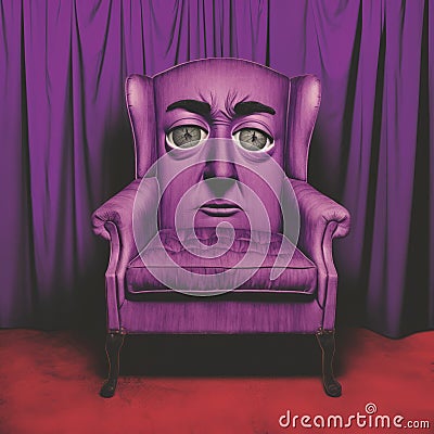 Surreal Theatrical Purple Chair With Human Face Soft Sculpture Stock Photo