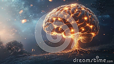 A surreal transformation occurs as a brain morphs into a tree, featuring glowing branches and roots, symbolizing Stock Photo