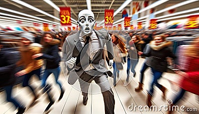 mannequin with a startled expression seems to flee from eager shoppers, capturing the pandemonium of a sale event Stock Photo