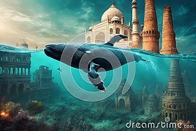 Surreal undersea humpback whale swimming in the ocean or sea. In the background is the ancient ruins of the Taj Mahal. Mysterious Stock Photo