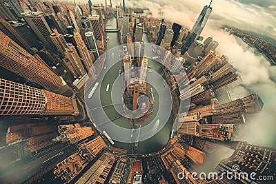 Surreal urban dreamscape: skyscrapers blend with rivers, streets twist into loops, and buildings defy gravity. Stock Photo