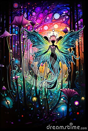 Surreal vibrant colorful bioluminescence fairy forest Stock Photo