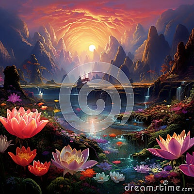 Surreal and Vibrant Landscape with Enchanting Blooming Flower Stock Photo