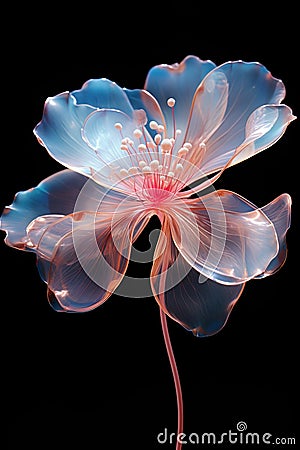 Surreal vibrant light flower closeup isolated on black. Generative AI Stock Photo