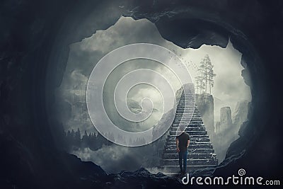 Surreal view as a man escape from a dark cave climbing a mystic stairway crossing the misty abyss going up to unknown paradise Stock Photo