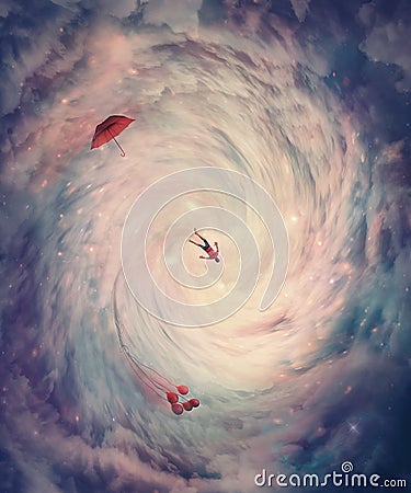 Surreal view of a cosmic wormhole. Person absorbed by a magical celestial swirl. Teleportation in the wonderland. Conceptual time Stock Photo