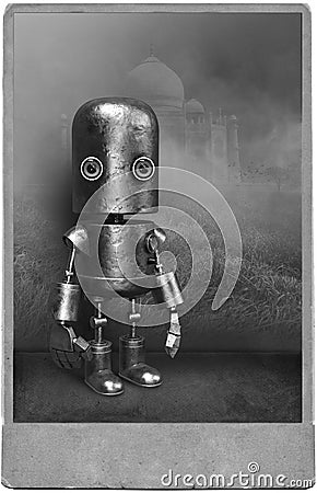 Surreal Vintage Robot Portrait, Mechanical Man Stock Photo