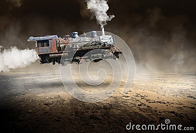 Surreal Vintage Train Locomotive, Flying Stock Photo