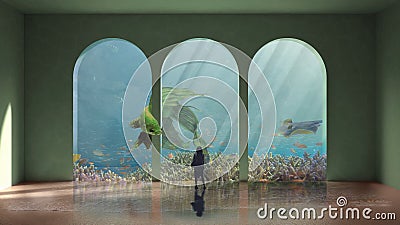 Surreal visionary aquarium with a big green fish which escapes from the cage while a young woman watches the scene, freedom Stock Photo