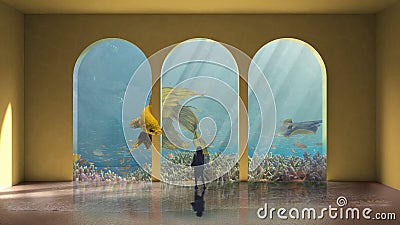 Surreal visionary aquarium with a big yellow fish which escapes from the cage while a young woman watches the scene, freedom Stock Photo