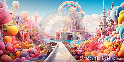 surreal watercolor-like bridge composed of vibrant rainbows that connect two fantastical worlds. Stock Photo