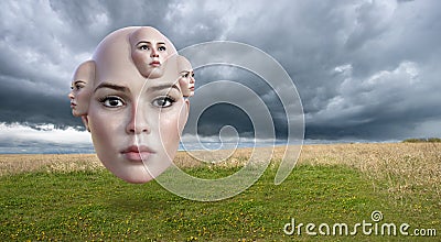 Surreal Woman, Multiple Heads, Science Fiction Stock Photo