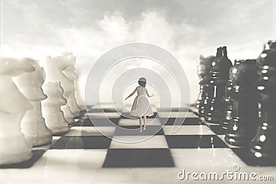 Surreal woman walks with fear amidst chessboard rivals Stock Photo