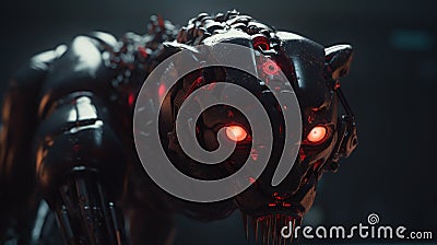 The Surreal World Of A Cinematic Photo: A Lion Robot With A Red Eye Stock Photo