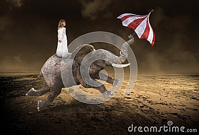 Surreal Young Girl, Flying Elephant, Desolate Desert Stock Photo