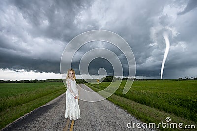 Surreal Young Girl, Tornado, Road Stock Photo