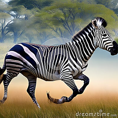 A surreal zebra with a unicorn horn, galloping through a vibrant savannah in a dreamlike world4, Generative AI Stock Photo